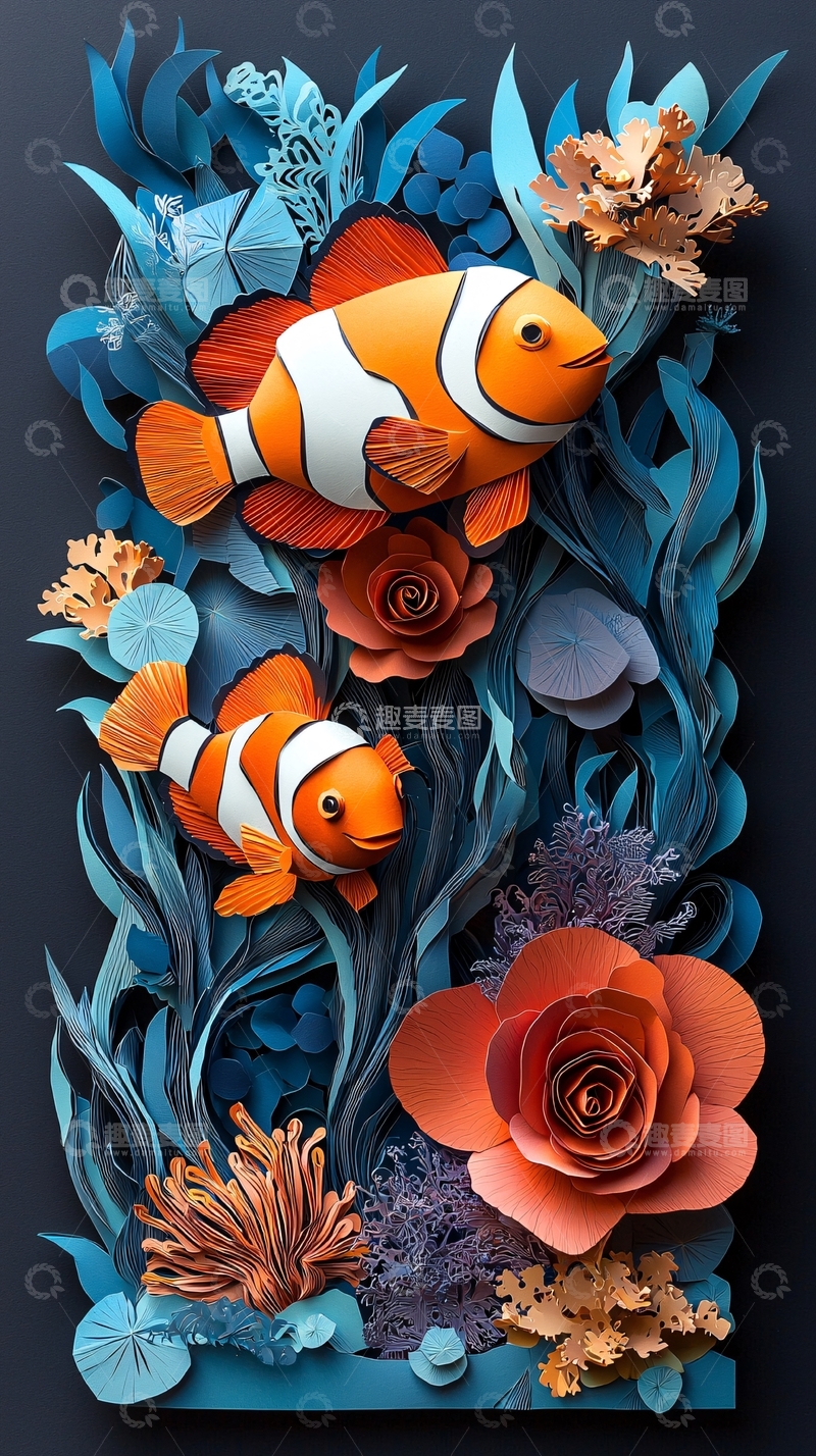 高清大图下载【趣麦麦图】小丑鱼和纸艺花卉