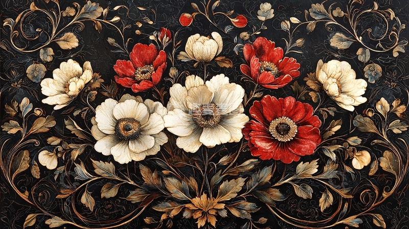 高清大图下载【趣麦麦图】红白花卉对称排列在深色背景上