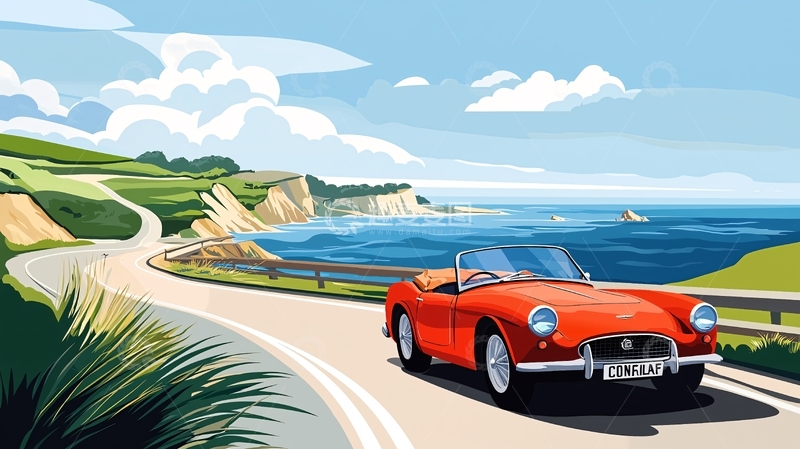 高清大图下载【趣麦麦图】红色敞篷车沿海岸公路行驶