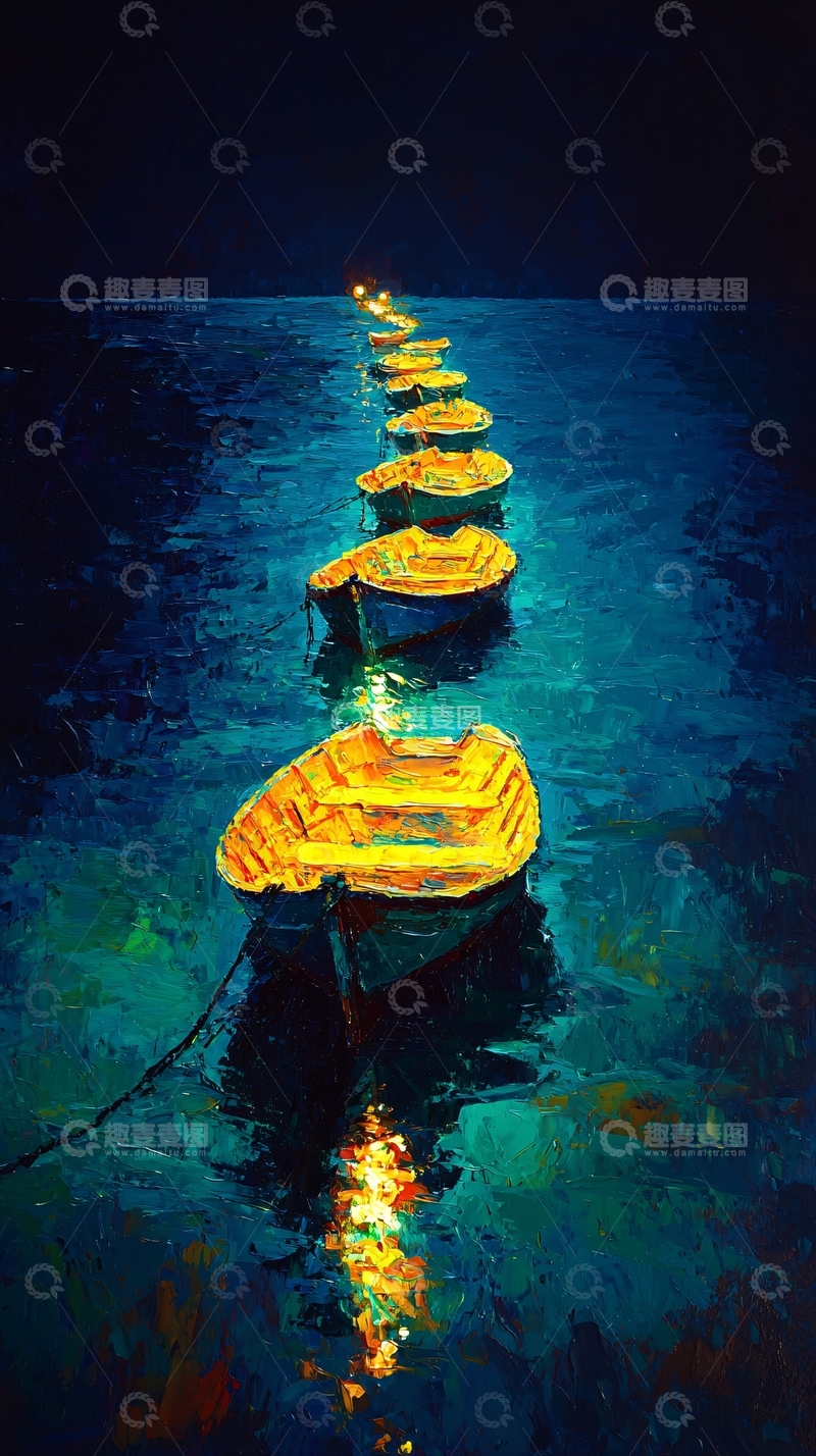 高清大图下载【趣麦麦图】夜间海上的一排小船