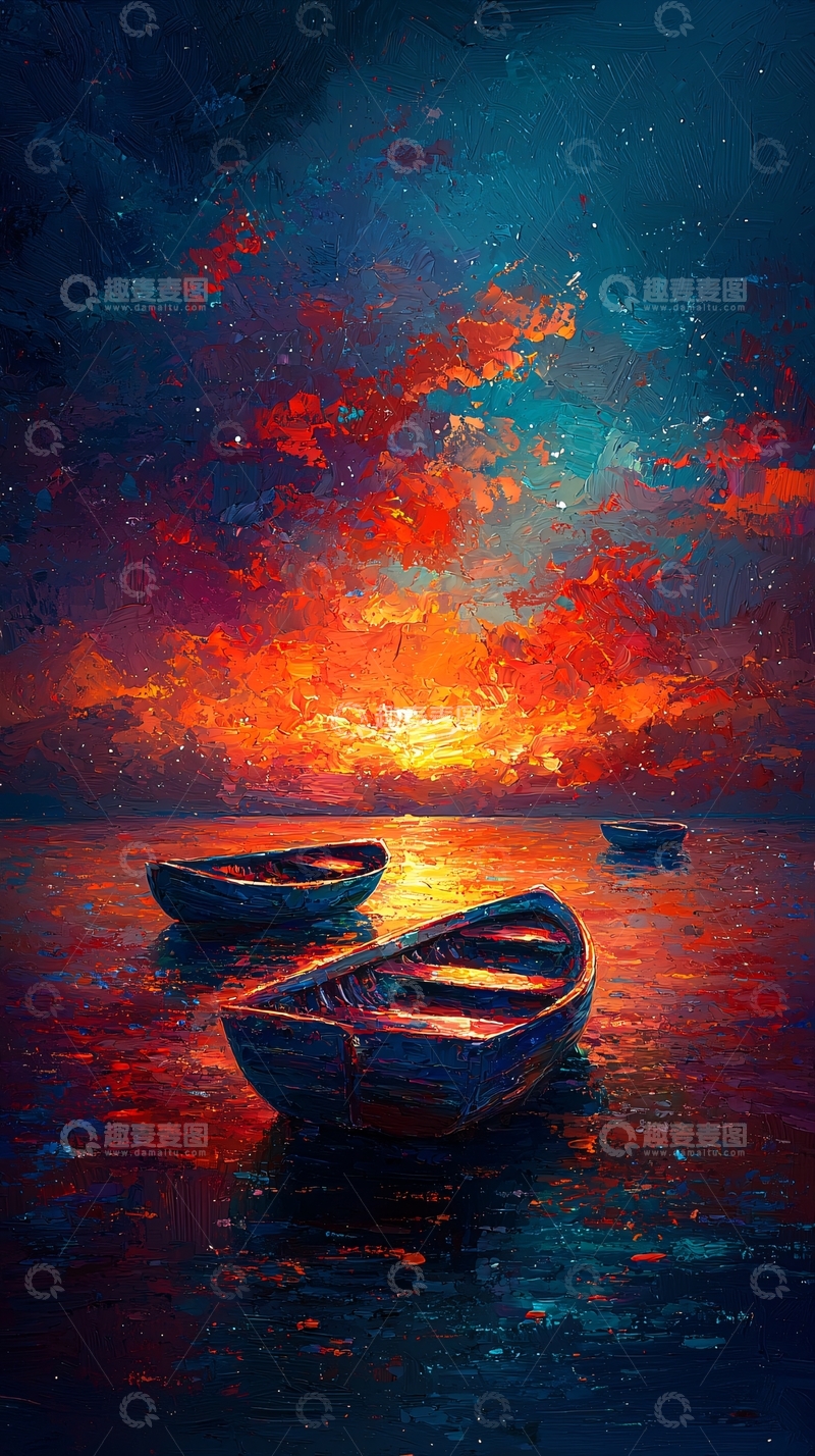 高清大图下载【趣麦麦图】海上绚丽晚霞小船