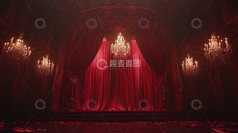 高清大图下载【趣麦麦图】暗红色帷幕水晶吊灯舞台
