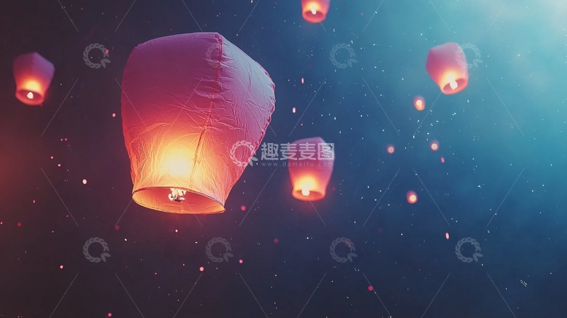 高清大图下载【趣麦麦图】夜空中飞舞的许愿灯