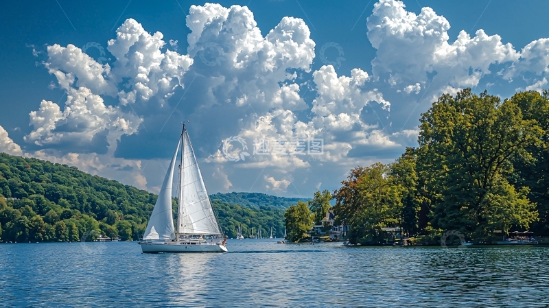 高清大图下载【趣麦麦图】蓝天白云下的白色帆船