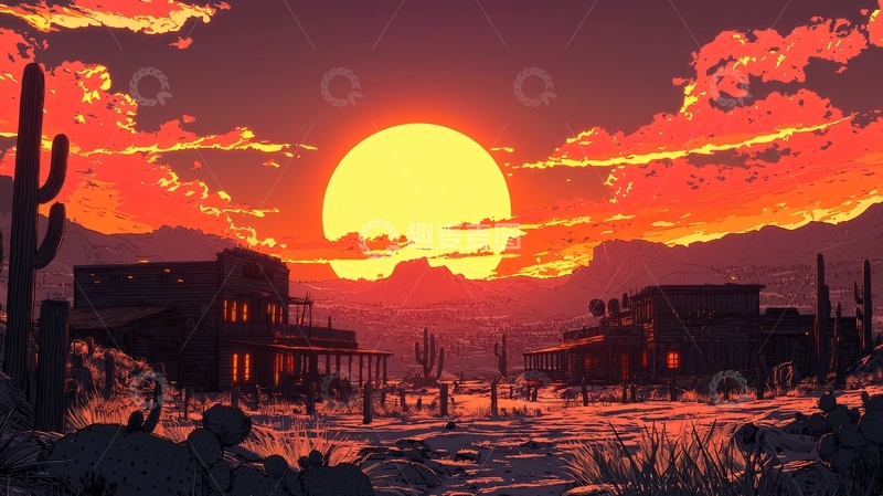 高清大图下载【趣麦麦图】西部日落小镇