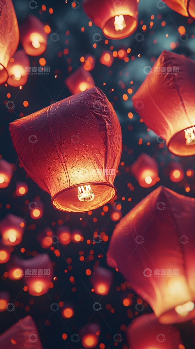 高清大图下载【趣麦麦图】夜空中飞舞的红灯笼