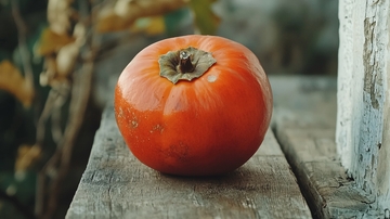 单颗成熟柿子木质背景