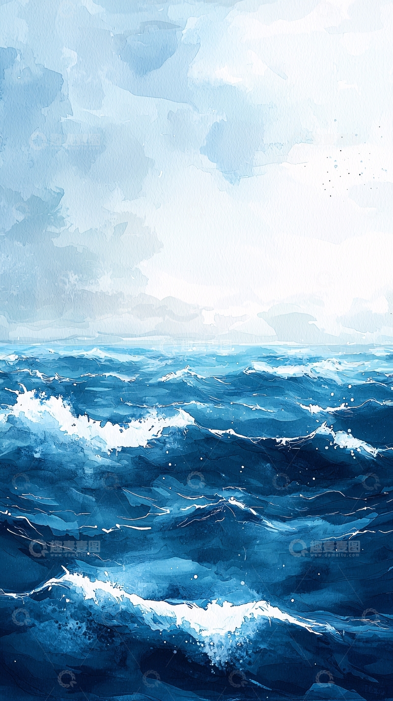 高清大图下载【趣麦麦图】水彩风格海面波涛汹涌