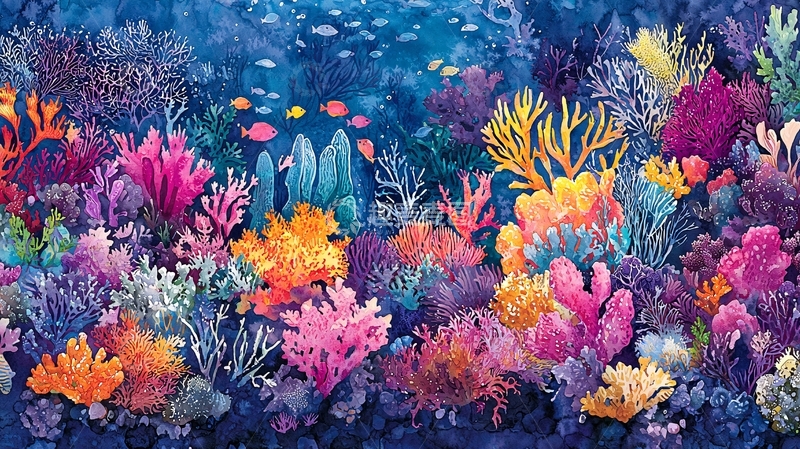高清大图下载【趣麦麦图】海底珊瑚礁水彩画