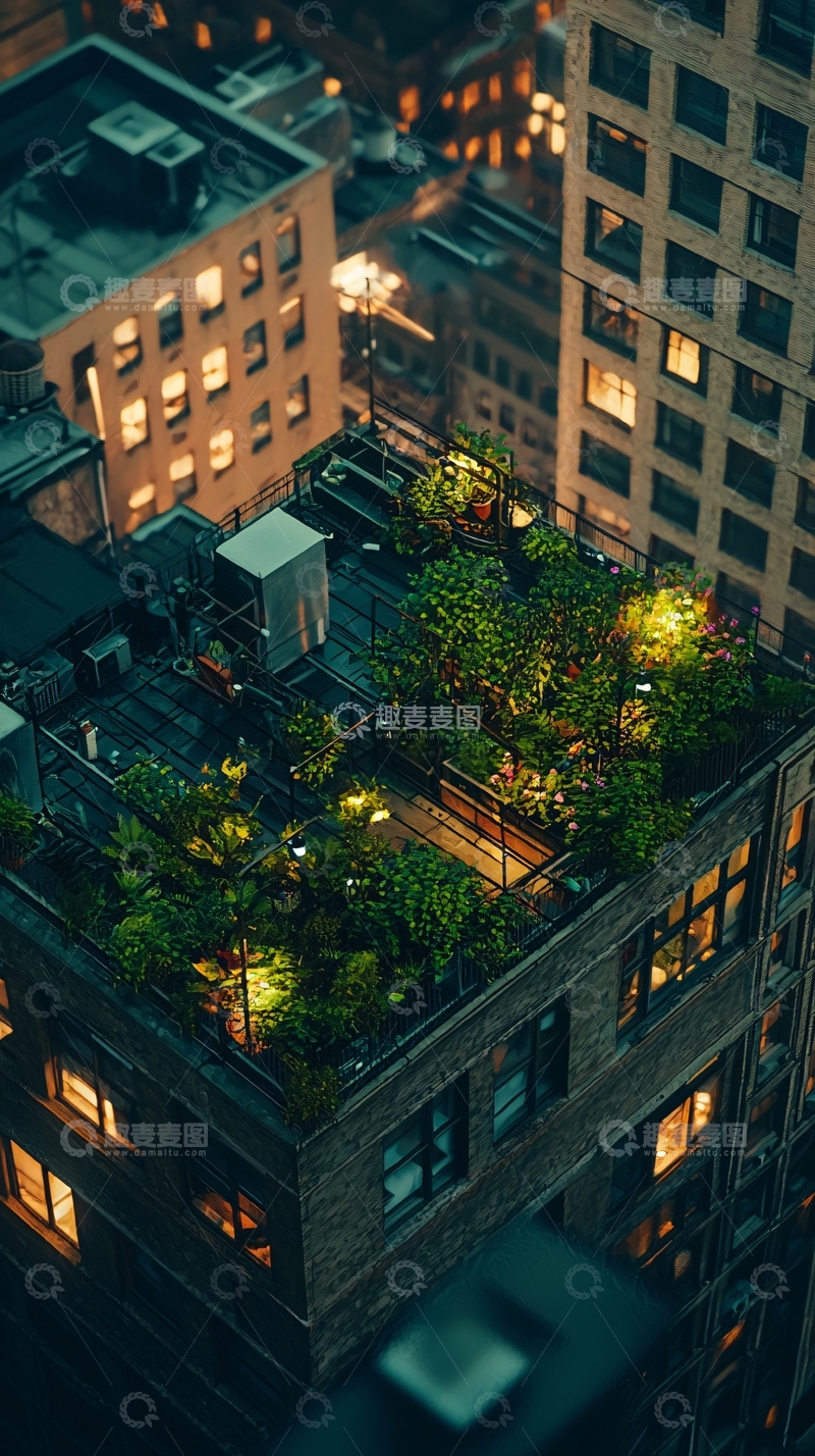 高清大图下载【趣麦麦图】高楼屋顶花园夜景