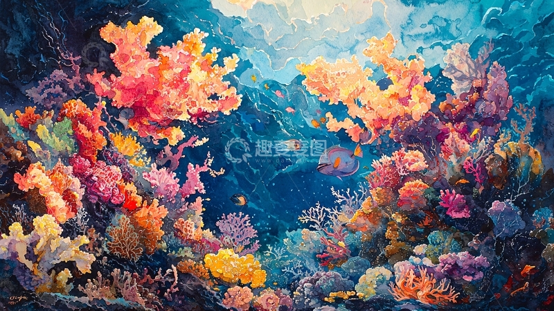 高清大图下载【趣麦麦图】海底珊瑚礁和鱼群的艺术画作
