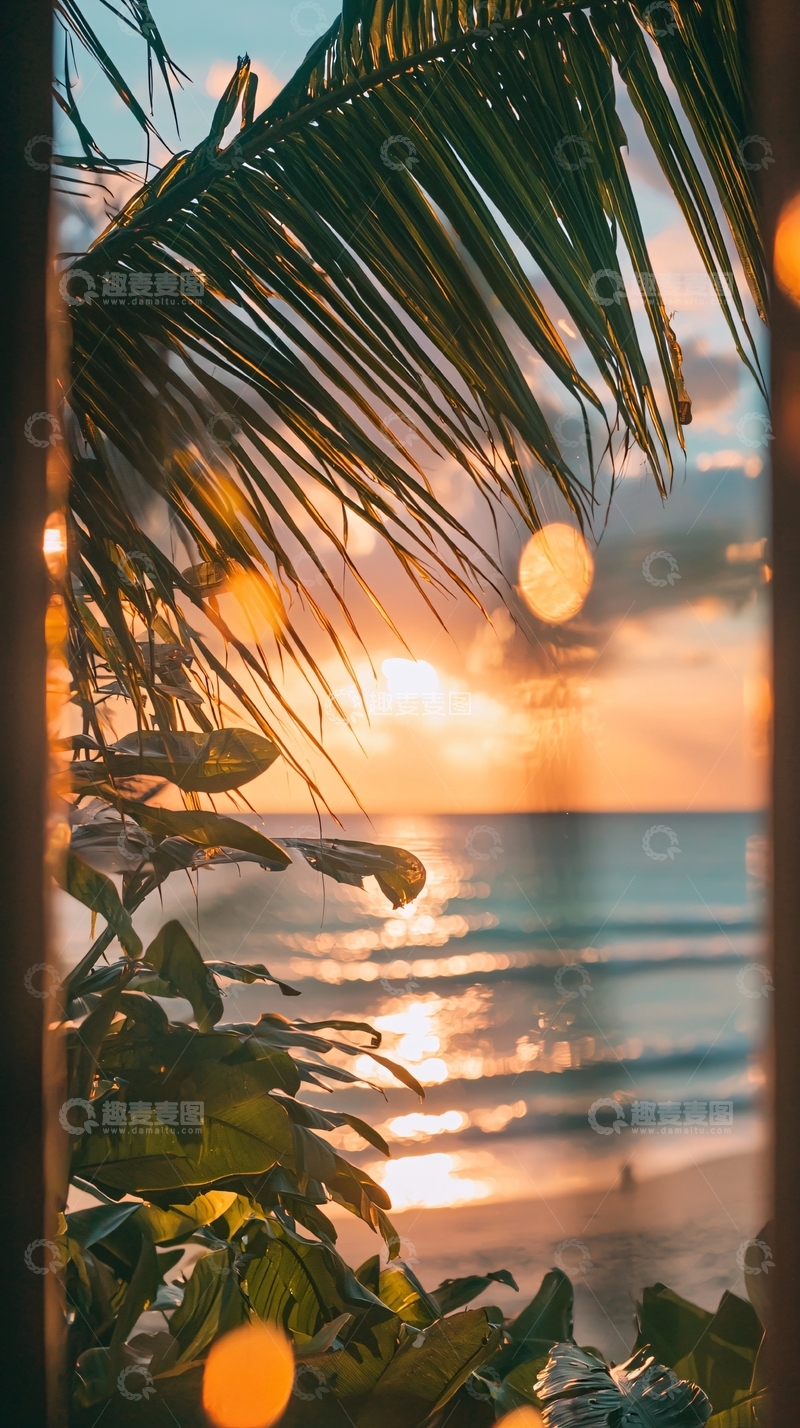 高清大图下载【趣麦麦图】热带海滩日落剪影