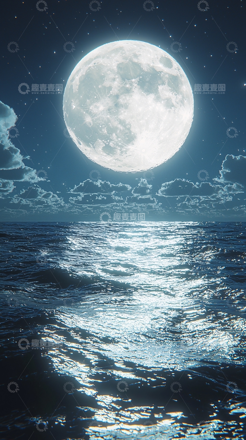 高清大图下载【趣麦麦图】皎洁明月海面波光