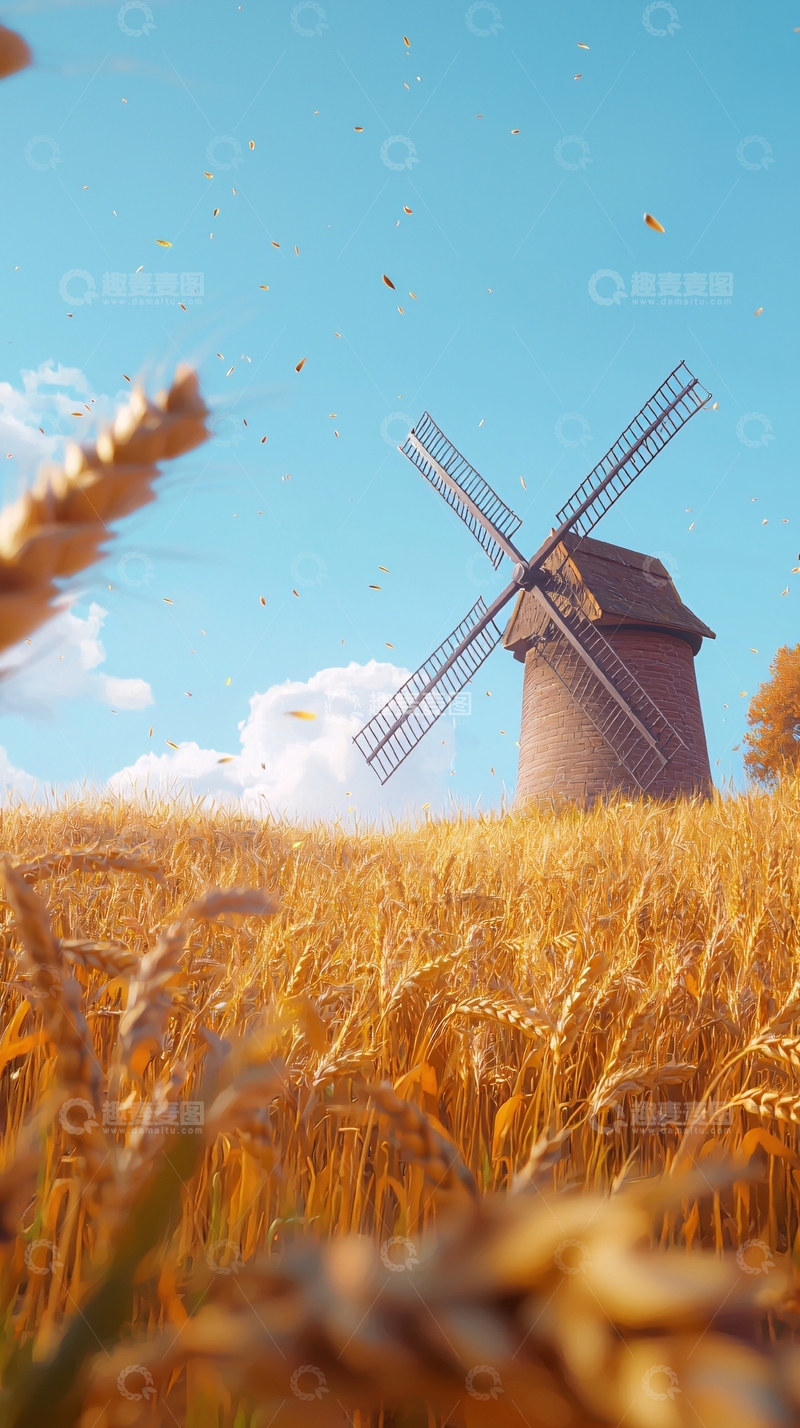 高清大图下载【趣麦麦图】麦田里的古老风车