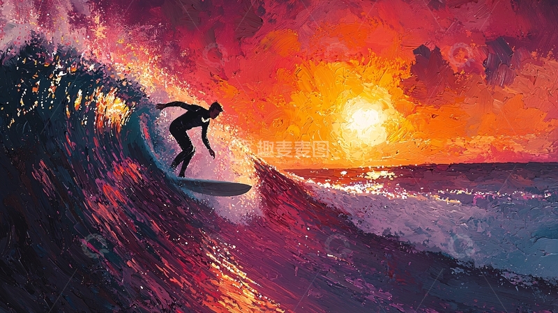 高清大图下载【趣麦麦图】冲浪者乘风破浪日落时分