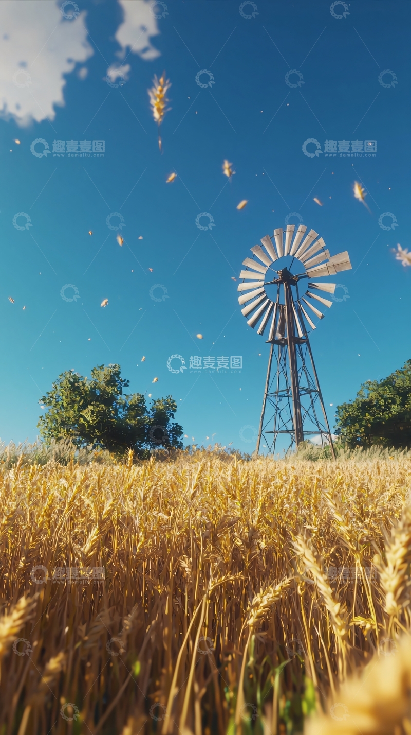 高清大图下载【趣麦麦图】金黄麦田风车蓝天白云