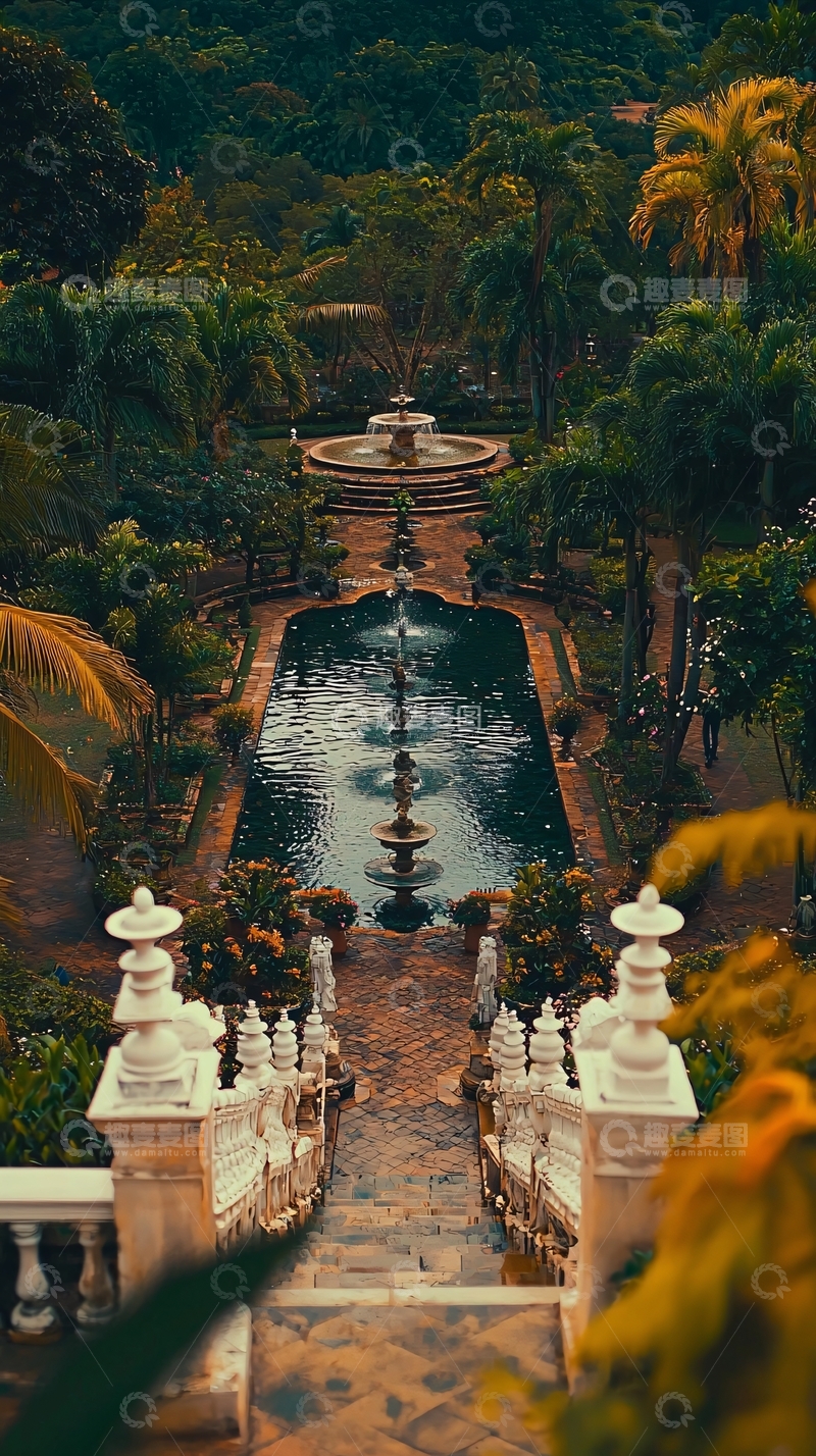高清大图下载【趣麦麦图】热带花园喷泉鸟瞰图