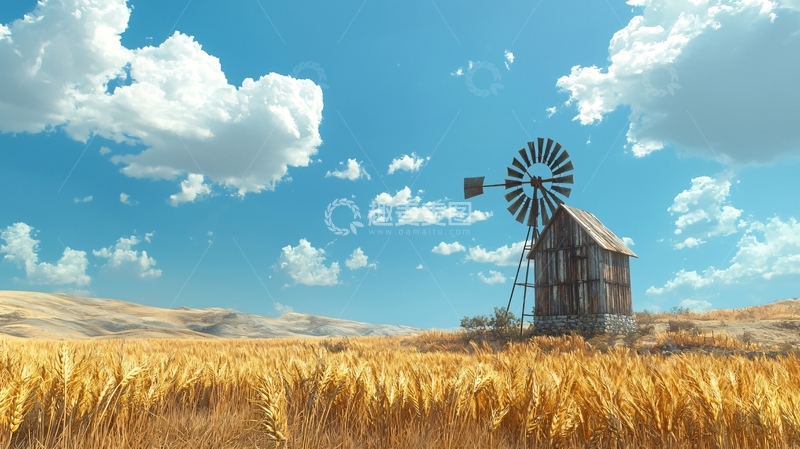 高清大图下载【趣麦麦图】风车麦田蓝天白云