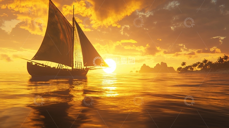 高清大图下载【趣麦麦图】夕阳西下帆船远航