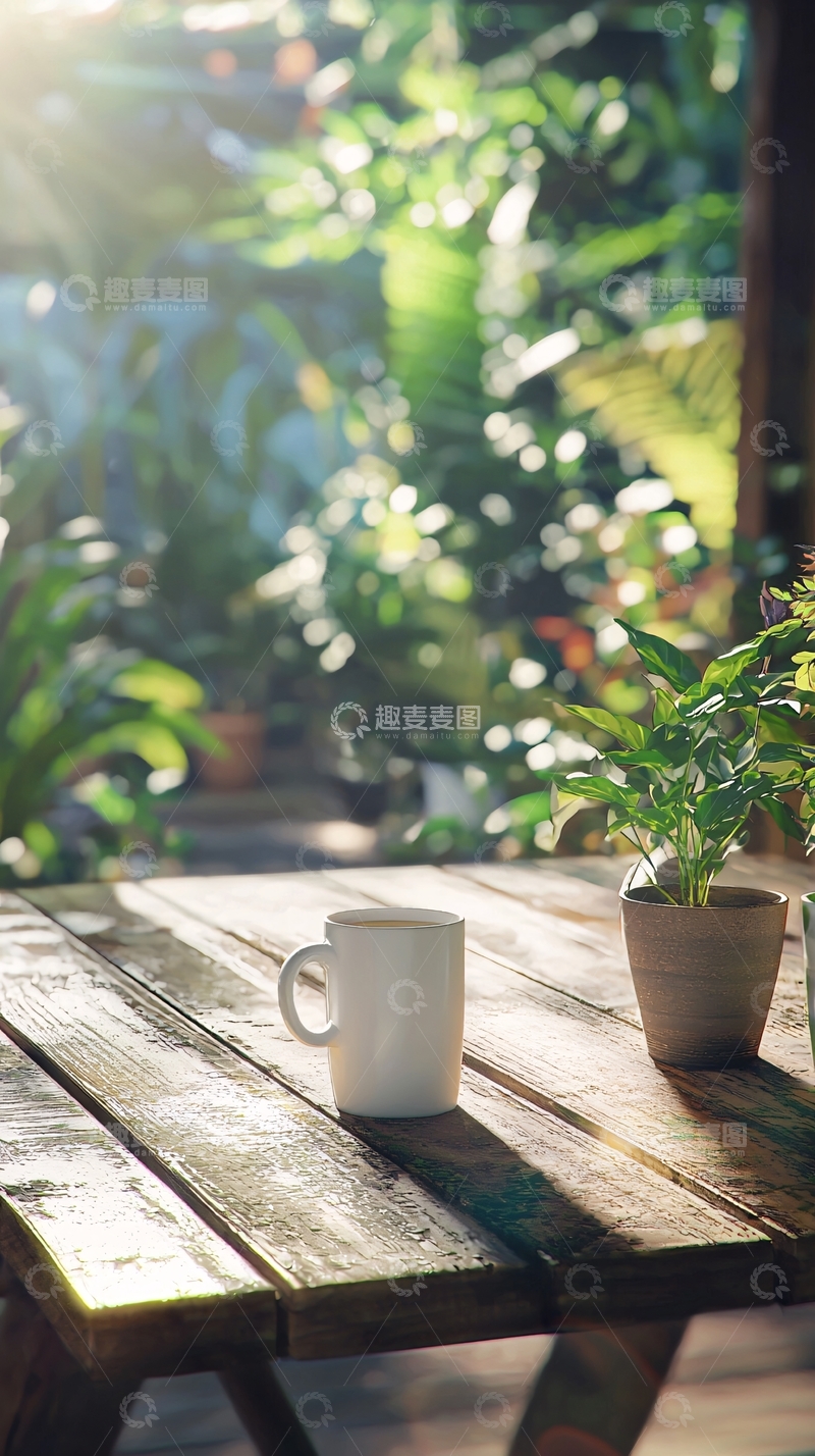 高清大图下载【趣麦麦图】阳光下的木桌咖啡杯