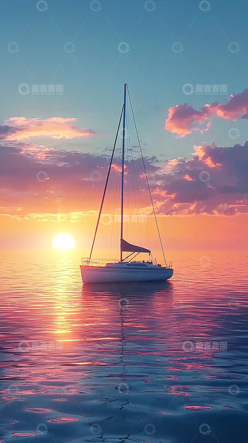 高清大图下载【趣麦麦图】夕阳西下帆船海景