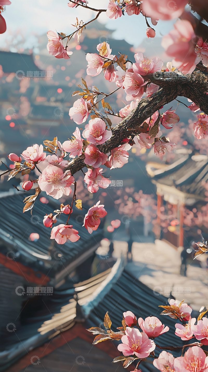 高清大图下载【趣麦麦图】粉色樱花古建筑