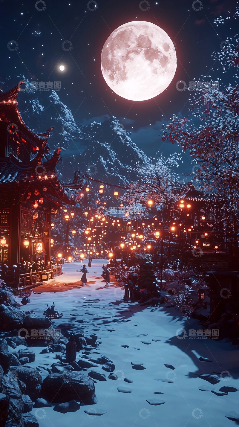 高清大图下载【趣麦麦图】雪夜古镇