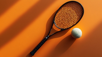 橙色背景网球拍和网球