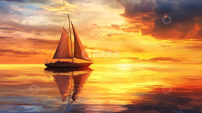高清大图下载【趣麦麦图】日落帆船海上航行
