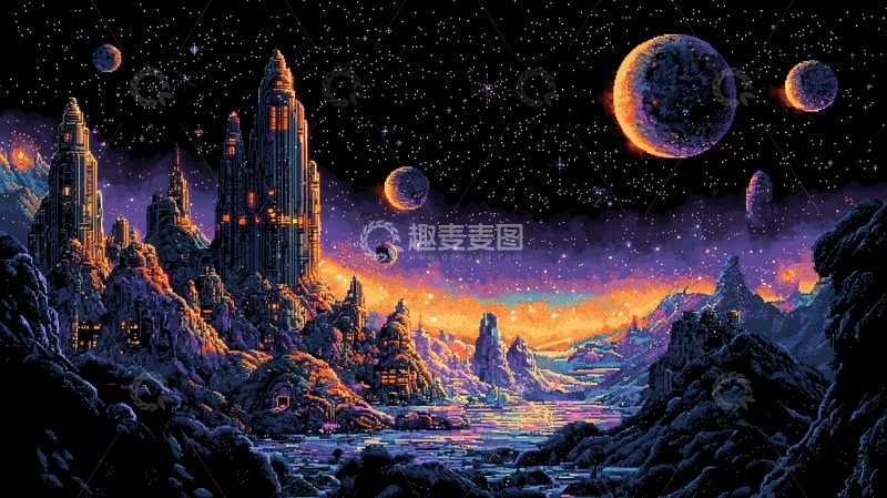 高清大图下载【趣麦麦图】奇幻星空下的城堡山脉