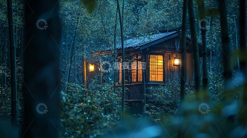 高清大图下载【趣麦麦图】森林小屋夜景