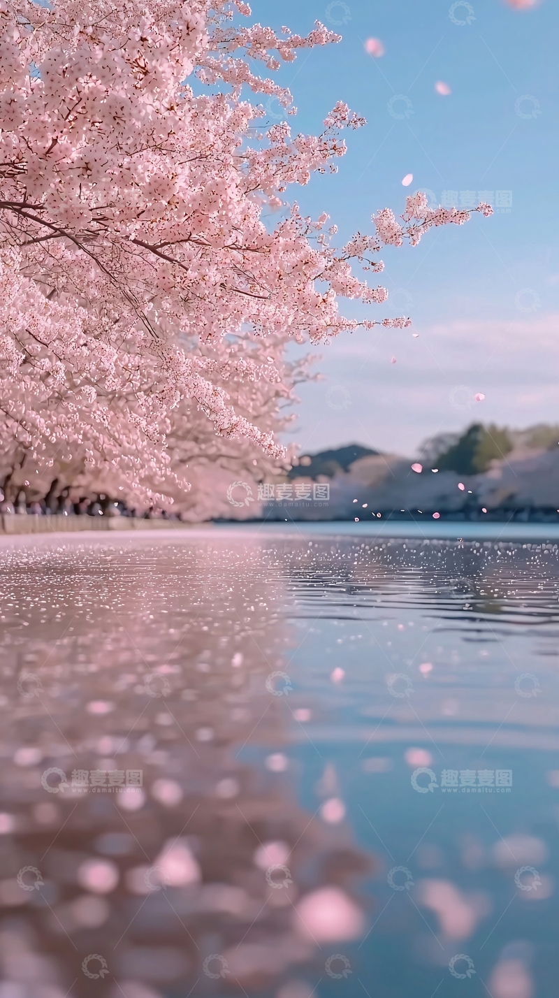 高清大图下载【趣麦麦图】樱花飘落水面