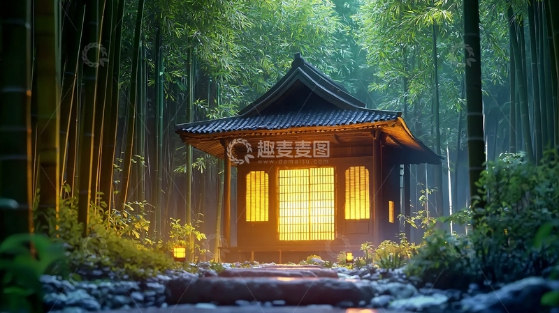 高清大图下载【趣麦麦图】竹林小屋夜景