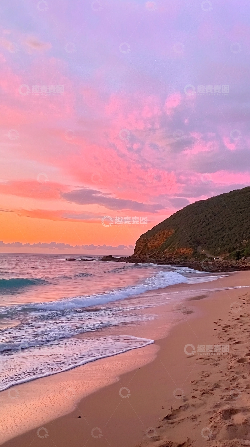 高清大图下载【趣麦麦图】粉色天空海滩日落