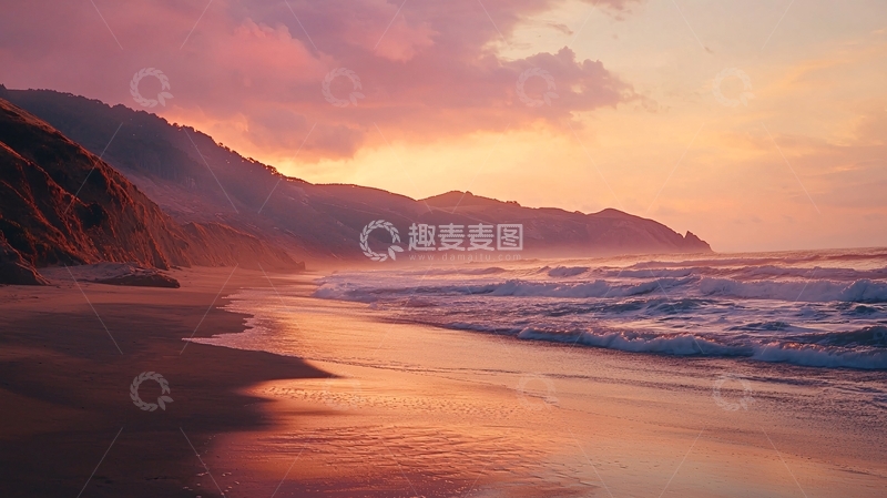 高清大图下载【趣麦麦图】海滩日落剪影