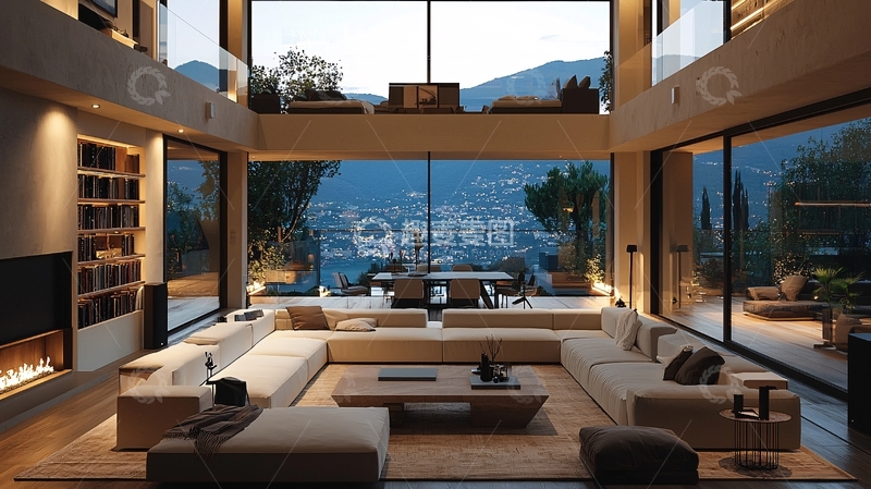 高清大图下载【趣麦麦图】豪华客厅山景落地窗