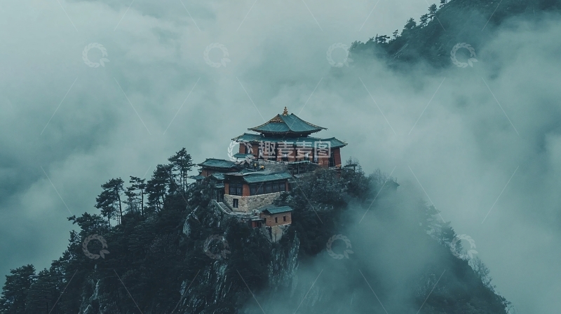 高清大图下载【趣麦麦图】云雾缭绕山顶寺庙