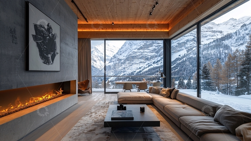 高清大图下载【趣麦麦图】豪华客厅窗外雪山