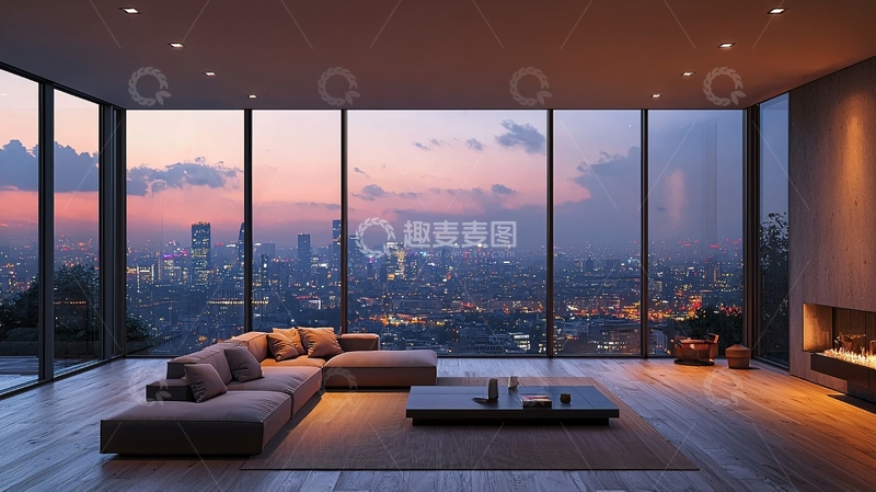 高清大图下载【趣麦麦图】豪华客厅落地窗夜景