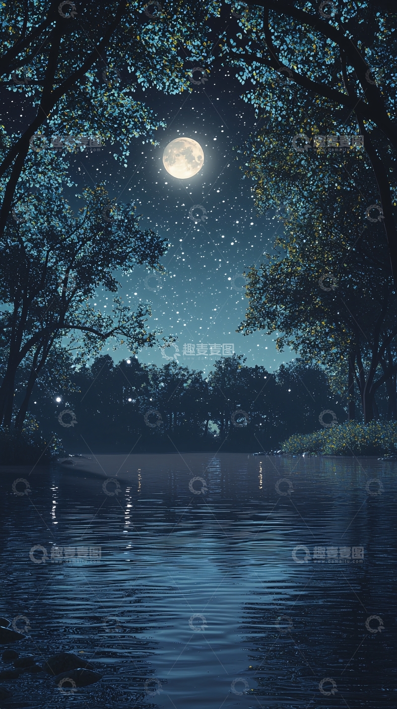 高清大图下载【趣麦麦图】月夜森林湖泊倒影