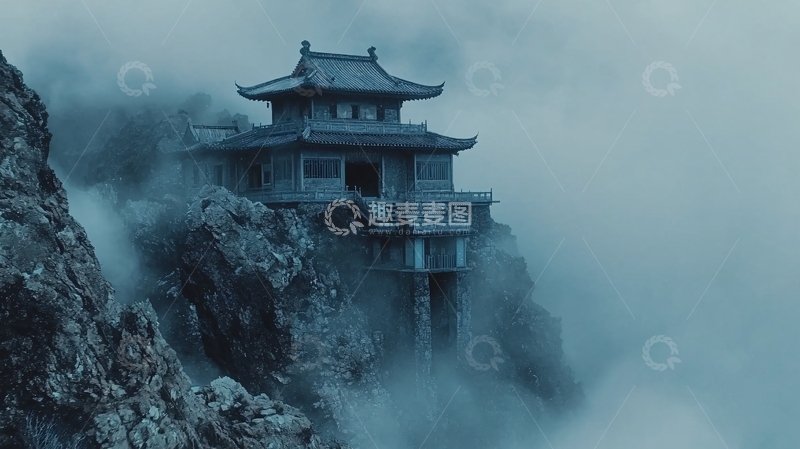 高清大图下载【趣麦麦图】云雾缭绕山顶古建筑