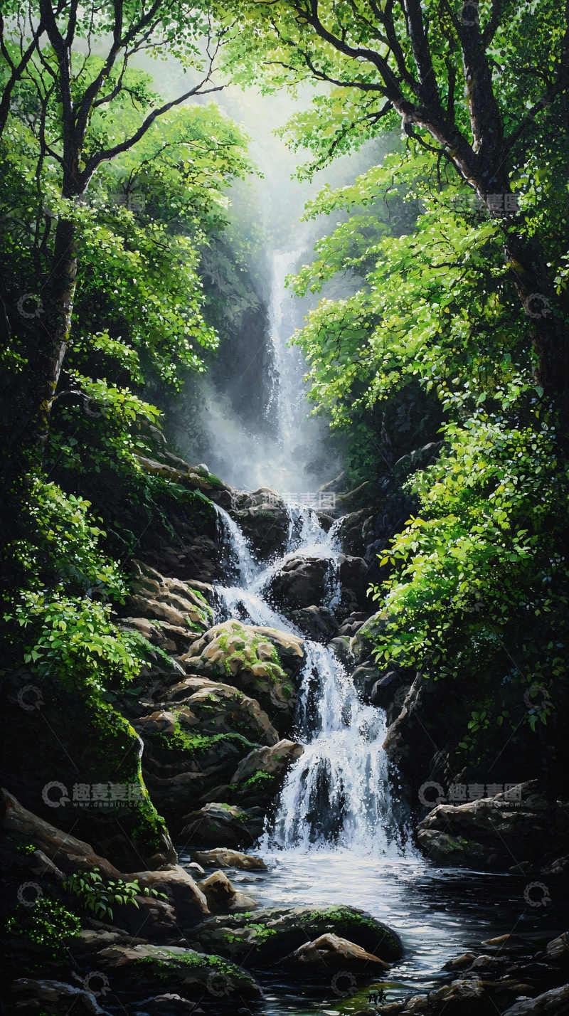 高清大图下载【趣麦麦图】绿树环绕的瀑布