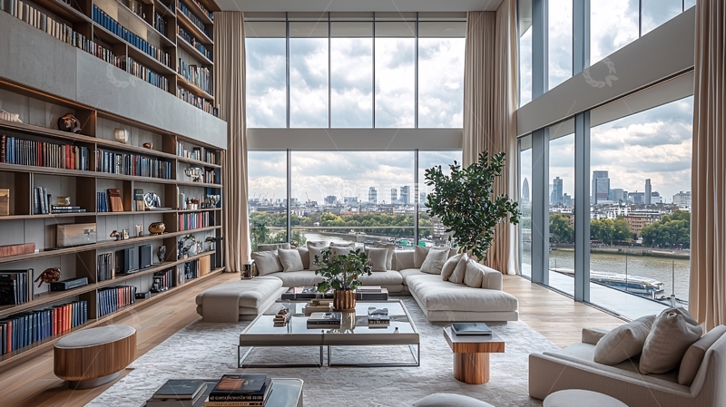 高清大图下载【趣麦麦图】极简风格客厅落地窗大书房