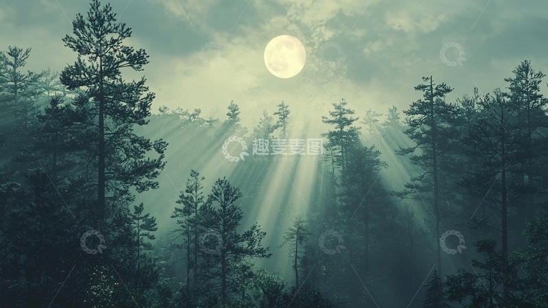 高清大图下载【趣麦麦图】森林夜景月光洒落