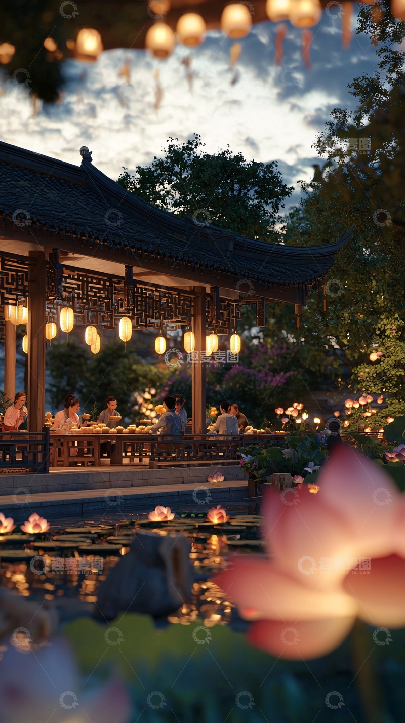 高清大图下载【趣麦麦图】中式园林夜景