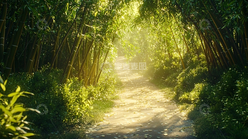 高清大图下载【趣麦麦图】阳光洒落竹林小路