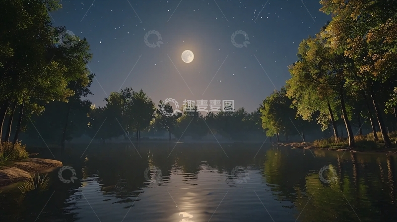 高清大图下载【趣麦麦图】月光下的森林湖泊