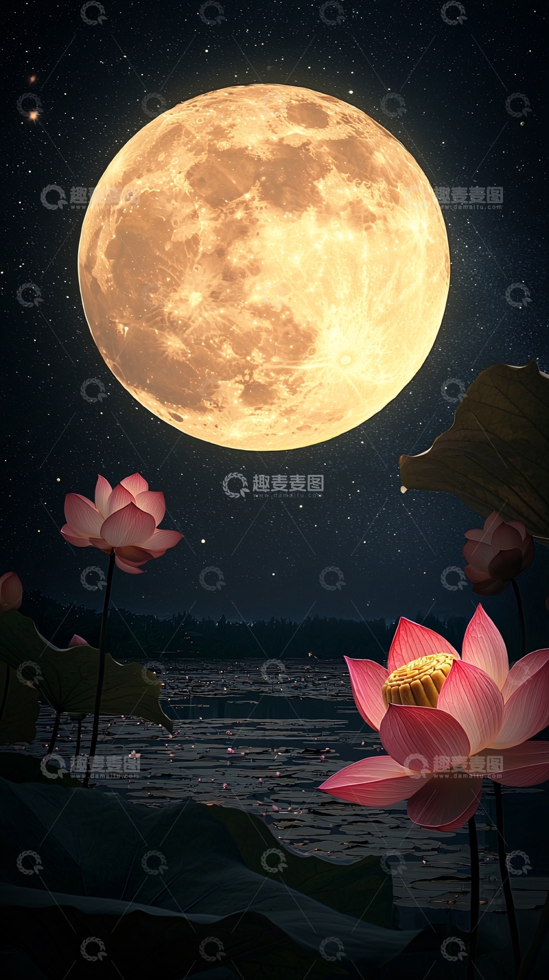 高清大图下载【趣麦麦图】皎洁明月荷花夜色