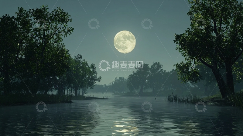 高清大图下载【趣麦麦图】月夜湖边树影婆娑