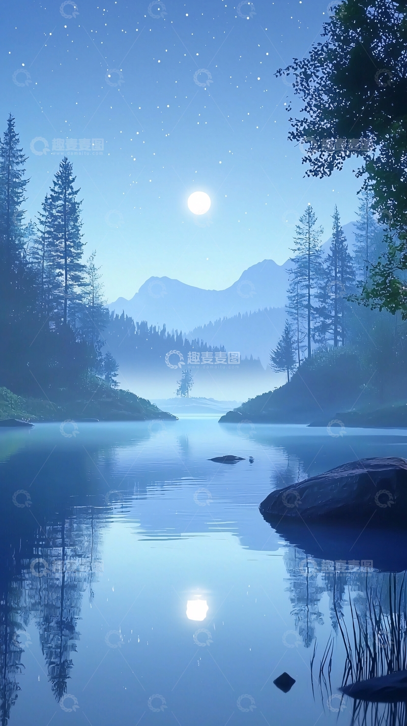 高清大图下载【趣麦麦图】宁静夜晚湖边森林
